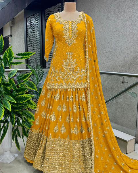 Yellow Color Elegant Chinnon Silk With Heavy Embroidery Sequence Work Top-Plazo And Dupatta Set With Fully Stitched  For Women