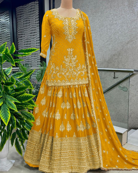 Yellow Color Elegant Chinnon Silk With Heavy Embroidery Sequence Work Top-Plazo And Dupatta Set With Fully Stitched  For Women