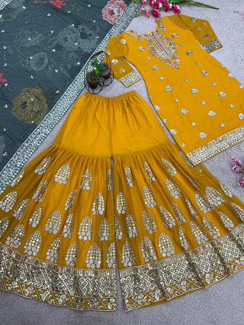 Yellow Chinnon Silk With Heavy Embroidery Sequence Work Top-Plazo And Dupatta Set With Fully Stitched Ready To Wear Collection