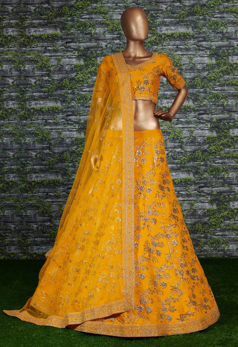 Yellow Wedding wear Heavy Lehenga Choli for Women with Dupatta Sequence Lehenga Choli In USA