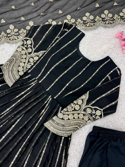 Black Georgette New Naira Cut Gown,Bottom and Dupatta With Embroidery Sequence Work For Women