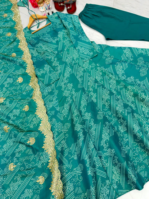 Teal Blue Lovely Festivals & Party Wear Look Pur Two Tone Banarasi Silk Fancy Anarkali Gown,Dupatta & Bottom Set