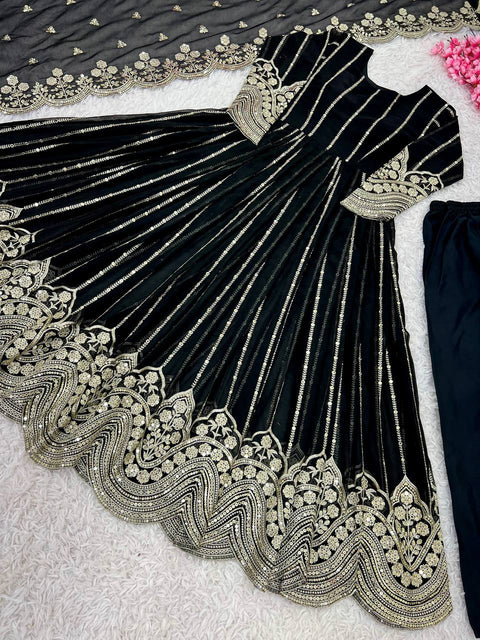 Black Georgette New Naira Cut Gown,Bottom and Dupatta With Embroidery Sequence Work For Women