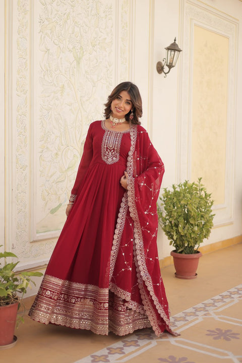 Red Stunning outfit Made from Faux Blooming And Sequins Embroidered Work Gown For Woman