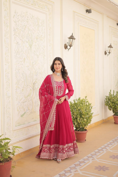 Pink Stunning outfit Made from Faux Blooming And Sequins Embroidered Work Gown For Woman