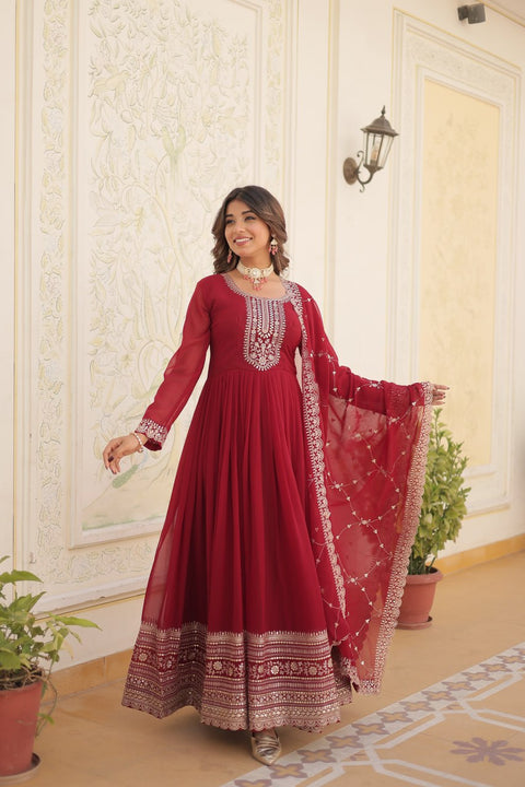 Red Stunning outfit Made from Faux Blooming And Sequins Embroidered Work Gown For Woman