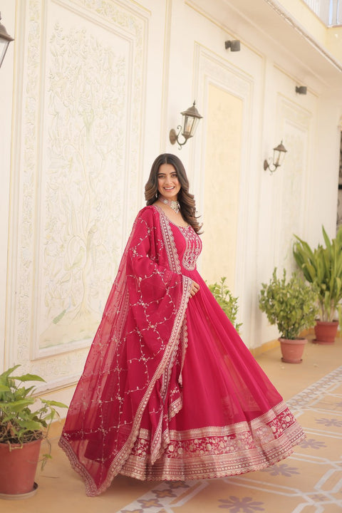 Pink Stunning outfit Made from Faux Blooming And Sequins Embroidered Work Gown For Woman