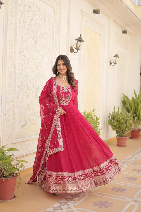 Pink Stunning outfit Made from Faux Blooming And Sequins Embroidered Work Gown For Woman