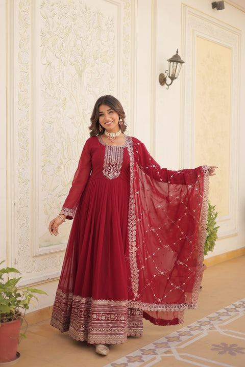 Red Stunning outfit Made from Faux Blooming And Sequins Embroidered Work Gown For Woman