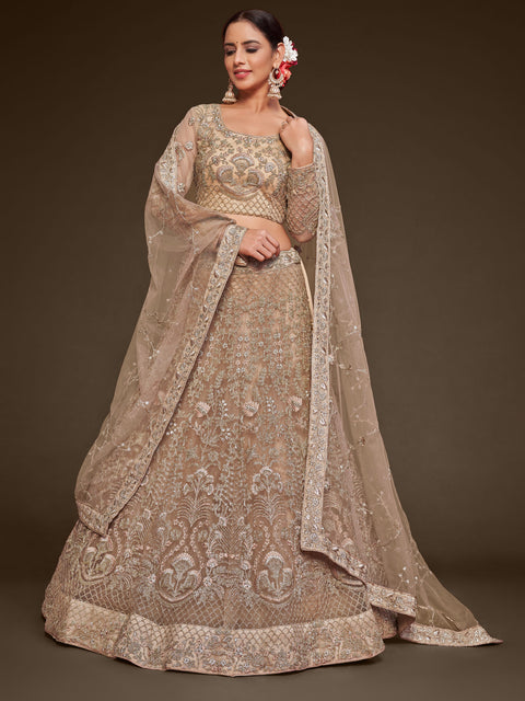 Royal Beige Stylish Wedding wear Heavy Lehenga Choli for Women with Dupatta in USA Sequence Lehenga Choli