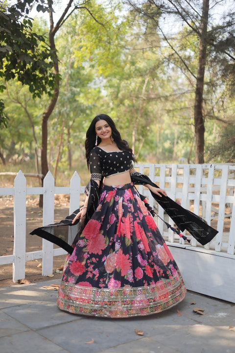 Black Introducing our Exquisite Collection of Digital Printed Georgette Lehenga For Women