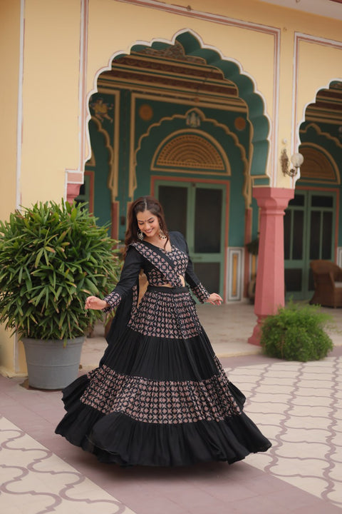 Black Made for Navratri Season, Readymade Printed Rayon Lehenga choli Set For Women