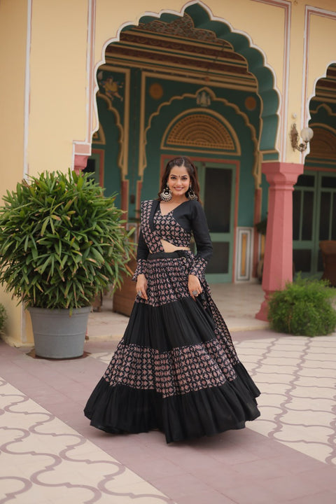 Black Made for Navratri Season, Readymade Printed Rayon Lehenga choli Set For Women