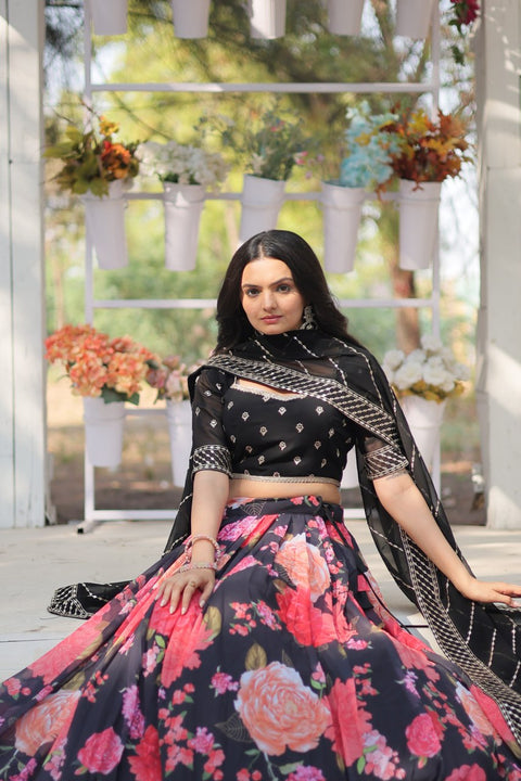 Black Introducing our Exquisite Collection of Digital Printed Georgette Lehenga For Women