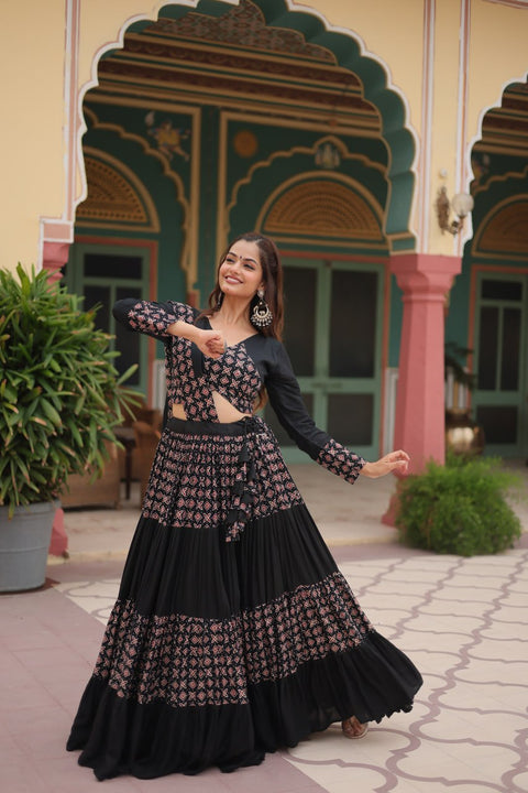 Black Made for Navratri Season, Readymade Printed Rayon Lehenga choli Set For Women