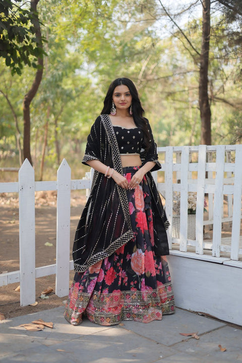 Black Introducing our Exquisite Collection of Digital Printed Georgette Lehenga For Women