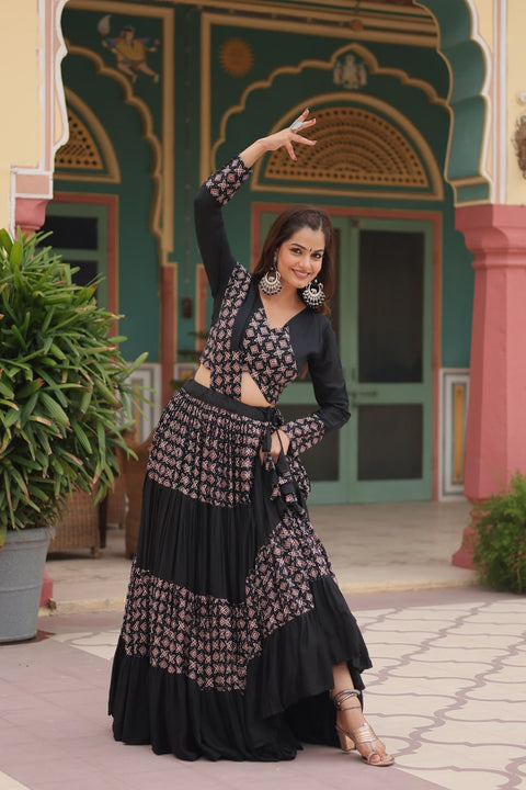 Black Made for Navratri Season, Readymade Printed Rayon Lehenga choli Set For Women