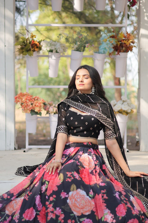 Black Introducing our Exquisite Collection of Digital Printed Georgette Lehenga For Women