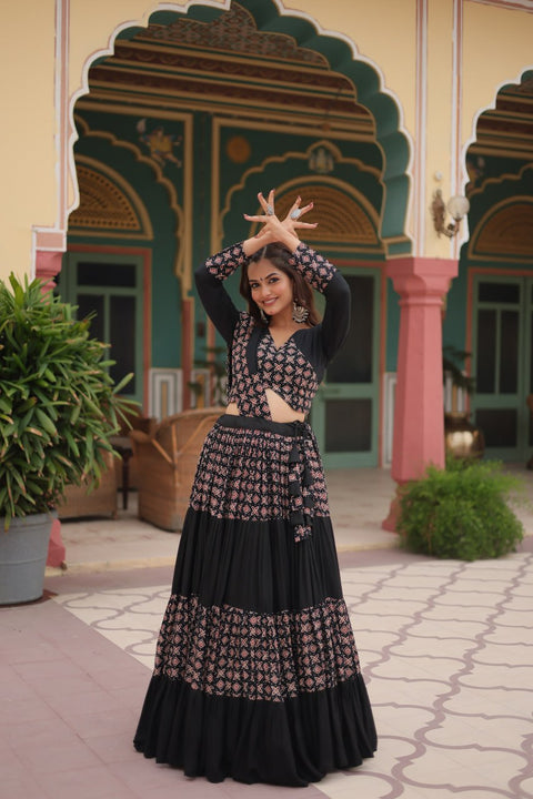 Black Made for Navratri Season, Readymade Printed Rayon Lehenga choli Set For Women