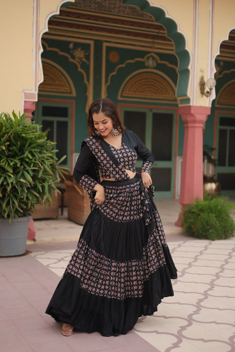 Black Made for Navratri Season, Readymade Printed Rayon Lehenga choli Set For Women