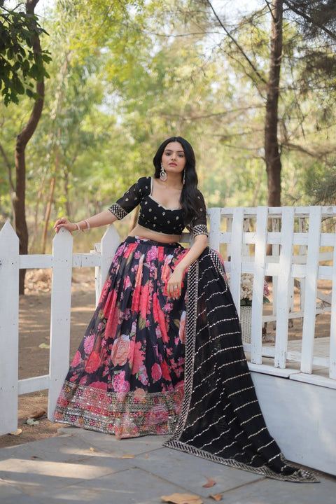 Black Introducing our Exquisite Collection of Digital Printed Georgette Lehenga For Women