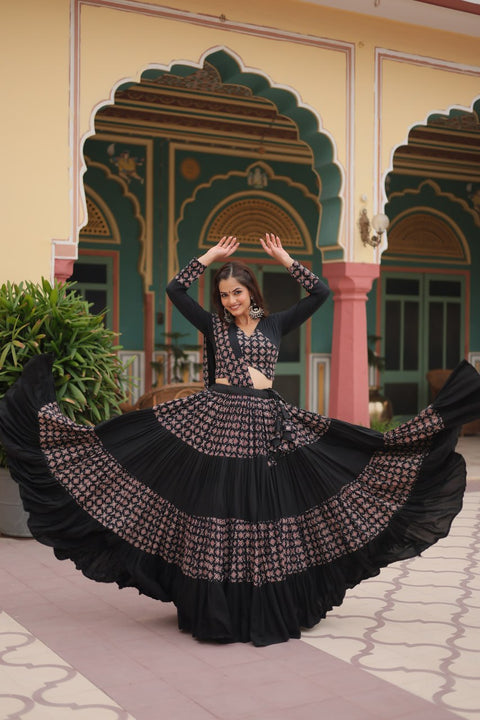 Black Made for Navratri Season, Readymade Printed Rayon Lehenga choli Set For Women