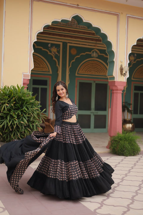 Black Made for Navratri Season, Readymade Printed Rayon Lehenga choli Set For Women