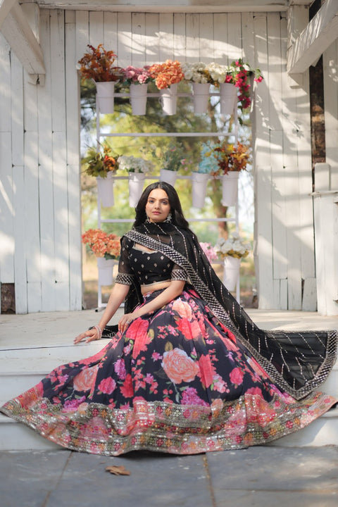 Black Introducing our Exquisite Collection of Digital Printed Georgette Lehenga For Women