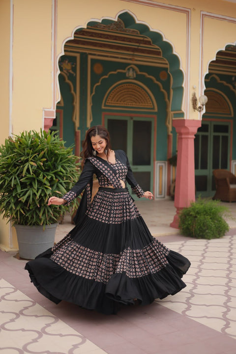 Black Made for Navratri Season, Readymade Printed Rayon Lehenga choli Set For Women