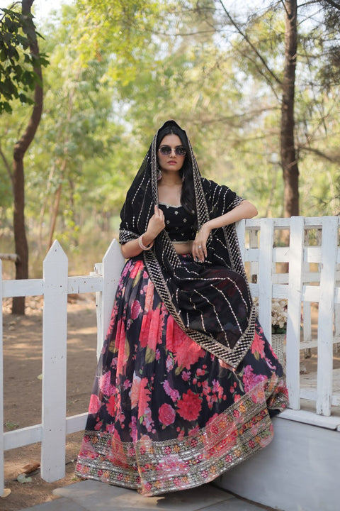 Black Introducing our Exquisite Collection of Digital Printed Georgette Lehenga For Women