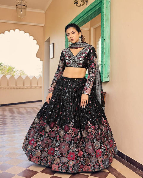 Elegant Black gorgette Presenting New Wedding Collection Lehenga Choli With Full Heavy Embroidery Sequence Work Lehenga choli For Women