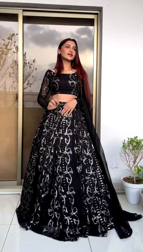 Black gorgette Presenting New Wedding Collection Lehenga Choli With Full Heavy Embroidery Sequence Work Lehenga choli For Woman