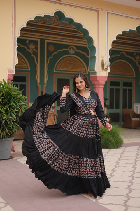 Black Made for Navratri Season, Readymade Printed Rayon Lehenga choli Set For Women