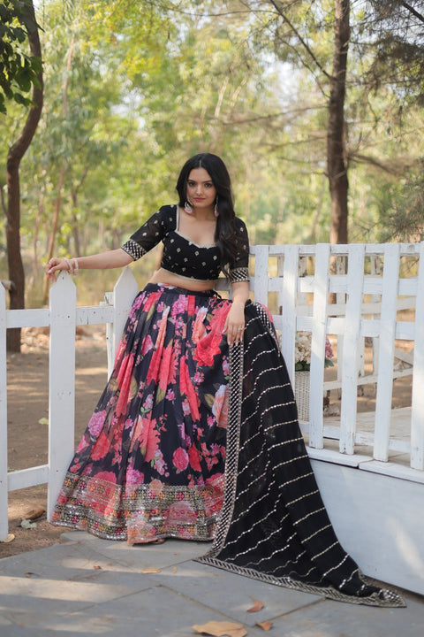 Black Introducing our Exquisite Collection of Digital Printed Georgette Lehenga For Women