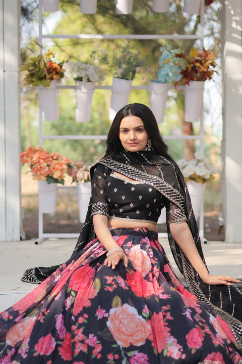 Black Introducing our Exquisite Collection of Digital Printed Georgette Lehenga For Women