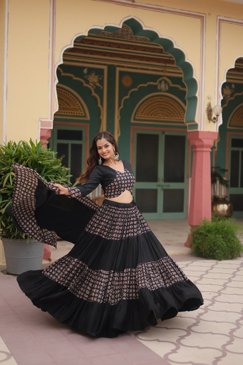 Black Made for Navratri Season, Readymade Printed Rayon Lehenga choli Set For Women