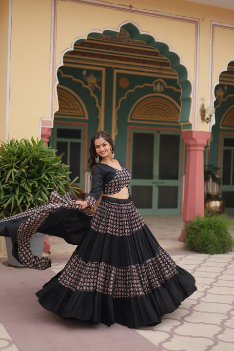 Black Made for Navratri Season, Readymade Printed Rayon Lehenga choli Set For Women