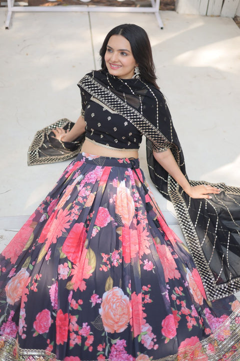 Black Introducing our Exquisite Collection of Digital Printed Georgette Lehenga For Women