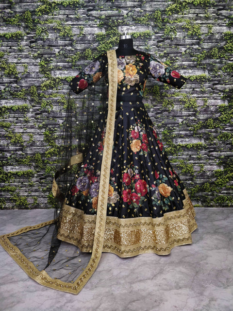 Black summer wedding wardrobe is indeed incomplete without some florals.  floral printed and embellished Sequins Butti work all over