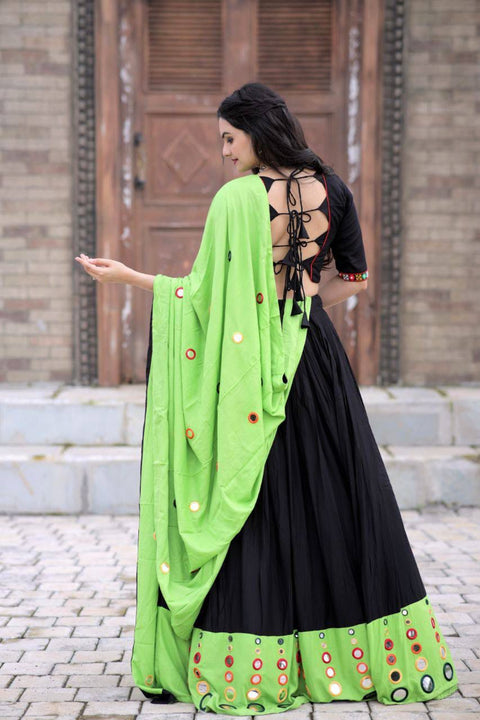 Black Attractive Reyon Real Mirror Works Lehenga Choli Dupatta Set  For Woman