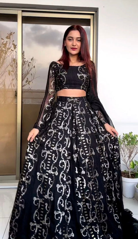 Black gorgette Presenting New Wedding Collection Lehenga Choli With Full Heavy Embroidery Sequence Work Lehenga choli For Woman