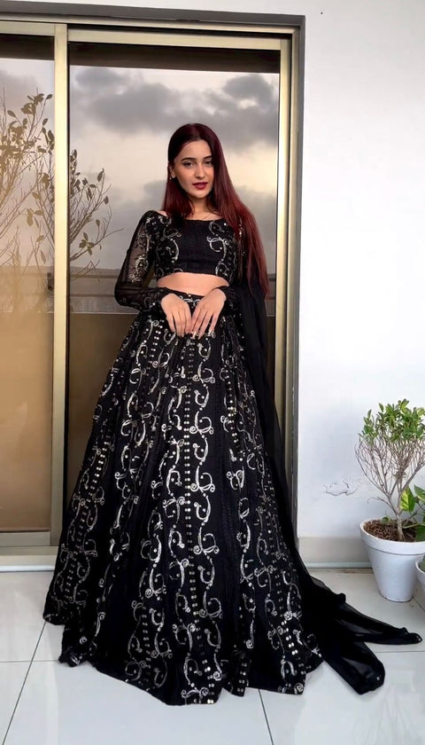 Black gorgette Presenting New Wedding Collection Lehenga Choli With Full Heavy Embroidery Sequence Work Lehenga choli For Woman