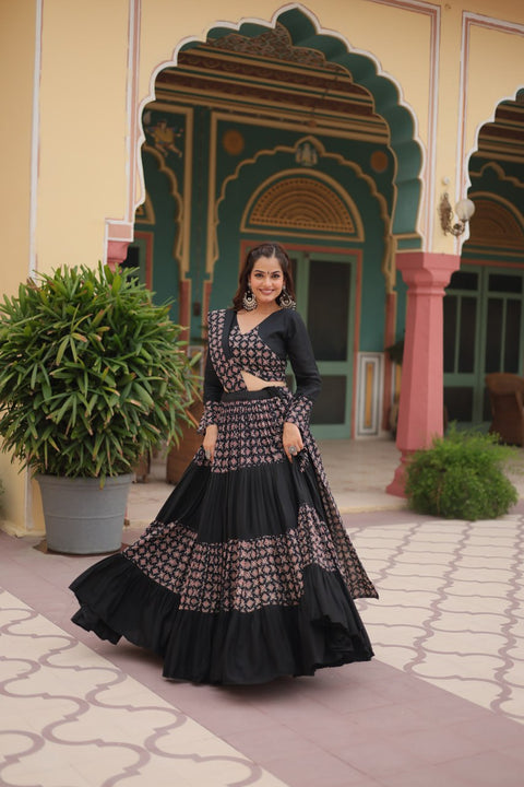 Black Made for Navratri Season, Readymade Printed Rayon Lehenga choli Set For Women