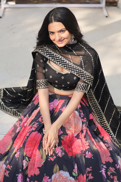 Black Introducing our Exquisite Collection of Digital Printed Georgette Lehenga For Women