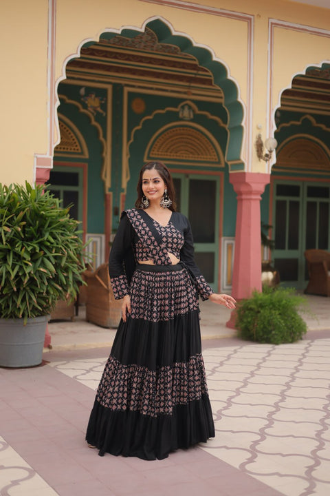 Black Made for Navratri Season, Readymade Printed Rayon Lehenga choli Set For Women