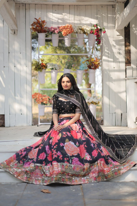 Black Introducing our Exquisite Collection of Digital Printed Georgette Lehenga For Women