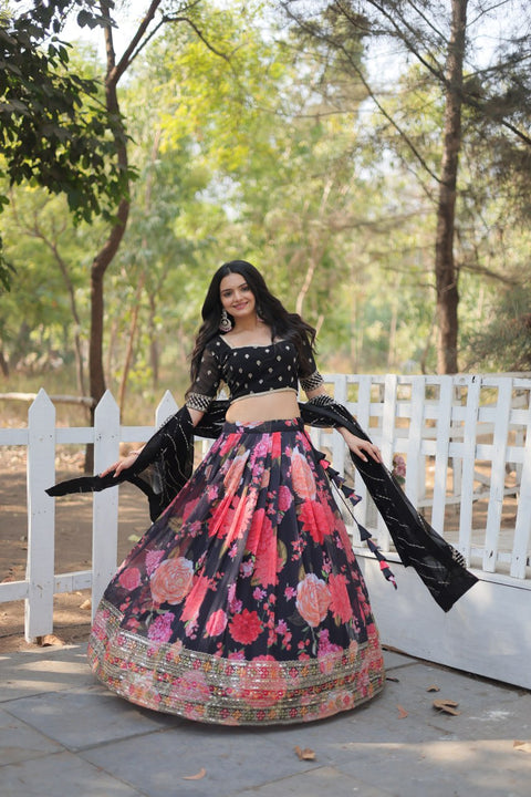 Black Introducing our Exquisite Collection of Digital Printed Georgette Lehenga For Women