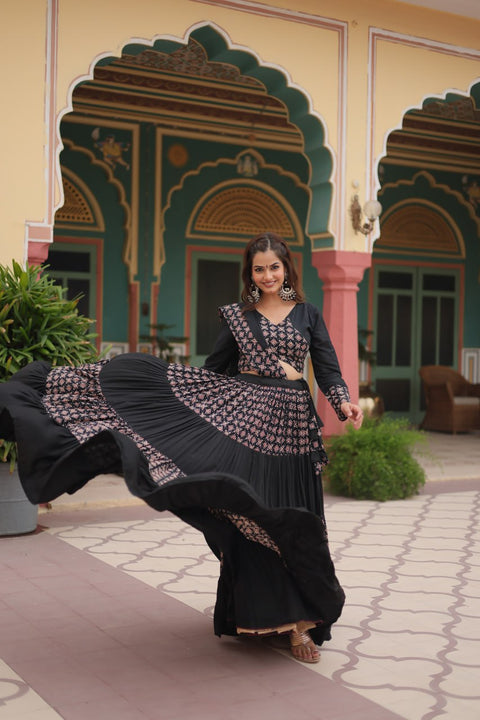 Black Made for Navratri Season, Readymade Printed Rayon Lehenga choli Set For Women