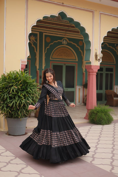 Black Made for Navratri Season, Readymade Printed Rayon Lehenga choli Set For Women