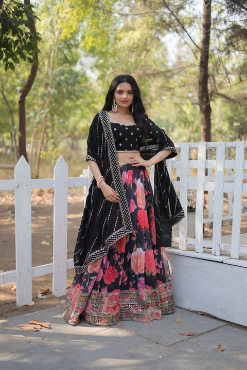 Black Introducing our Exquisite Collection of Digital Printed Georgette Lehenga For Women